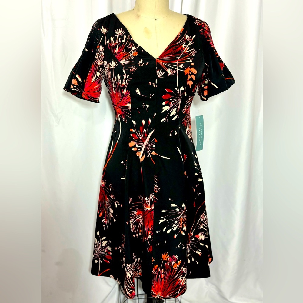 London Times Dark Floral Pleated Sleeve Flared Dress Small 4p NWT